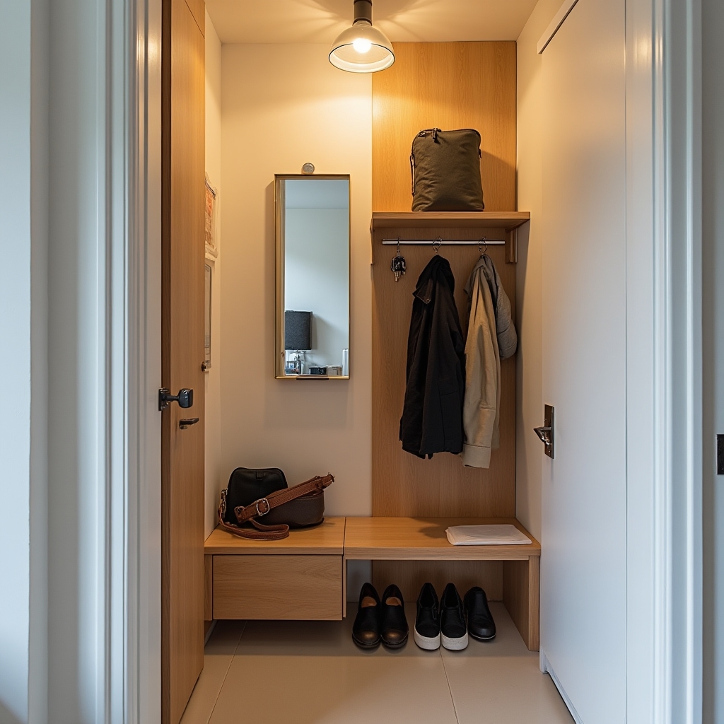 Entrada de piso urbano con solución de almacenamiento para abrigos y calzado