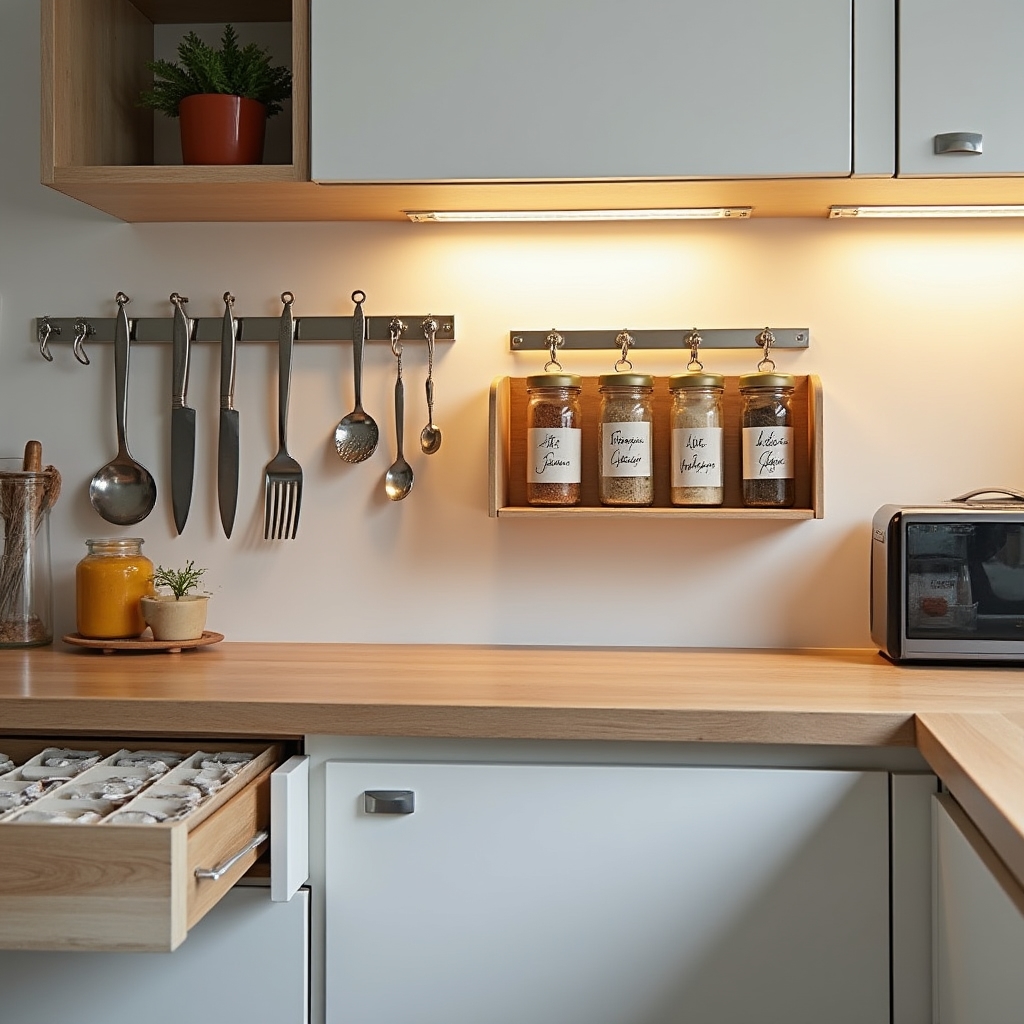 Cocina pequeña reorganizada con almacenamiento vertical y accesorios funcionales