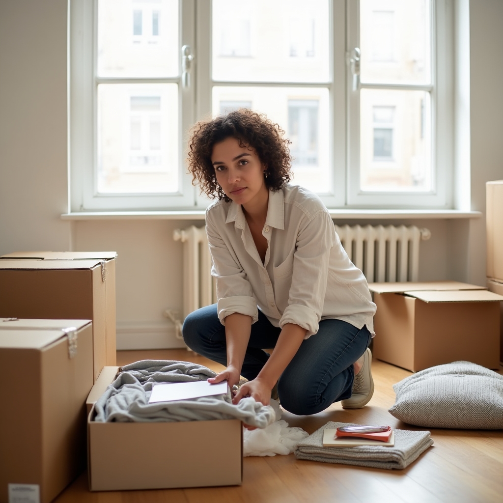 Persona adulta desempaquetando cajas en un nuevo hogar durante una mudanza