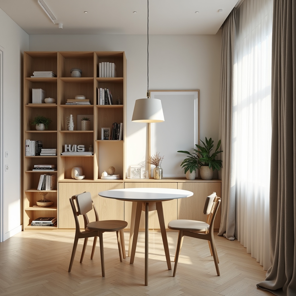 Interior de piso urbano organizado con estanterías y almacenamiento eficiente