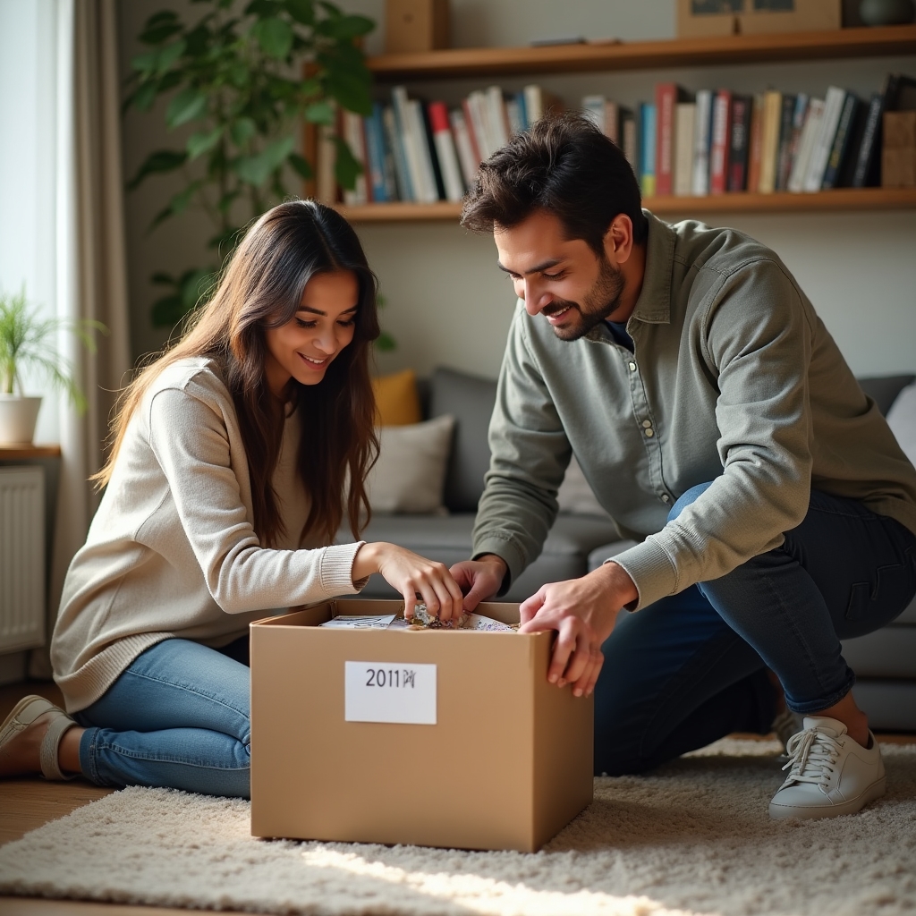 Pareja joven organizando un piso pequeño urbano con cajas y estanterías