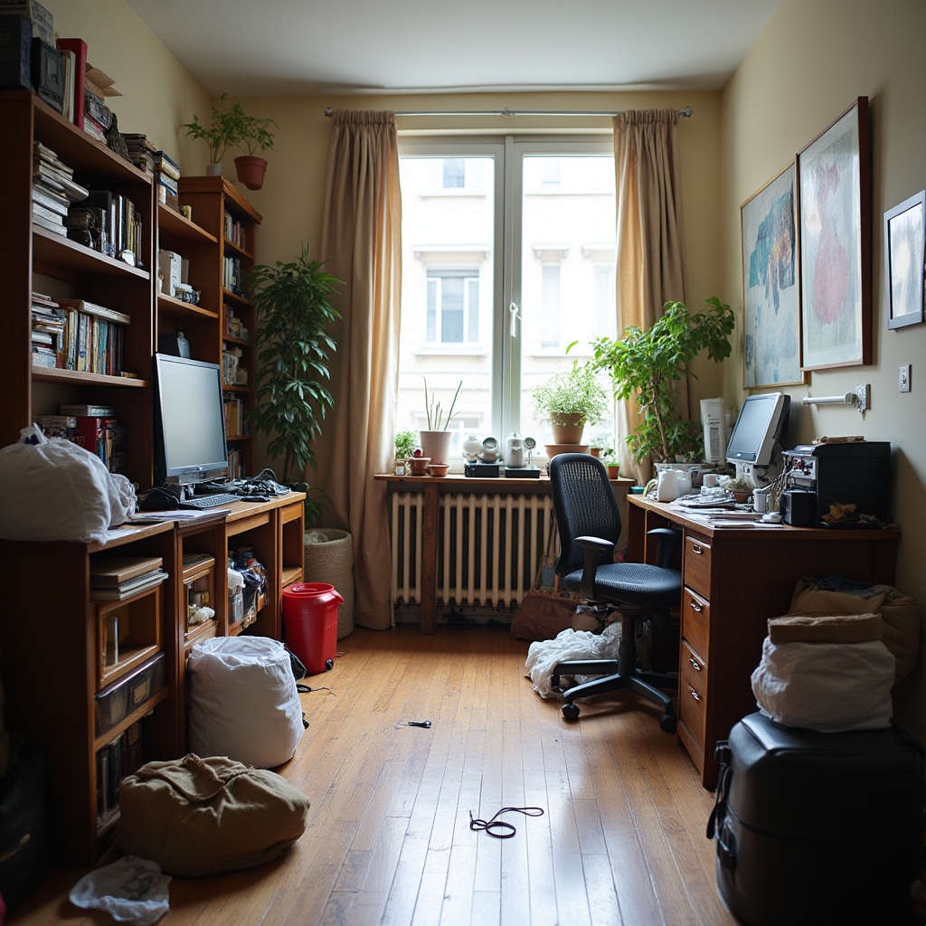Piso urbano con objetos acumulados antes de una sesión de organización